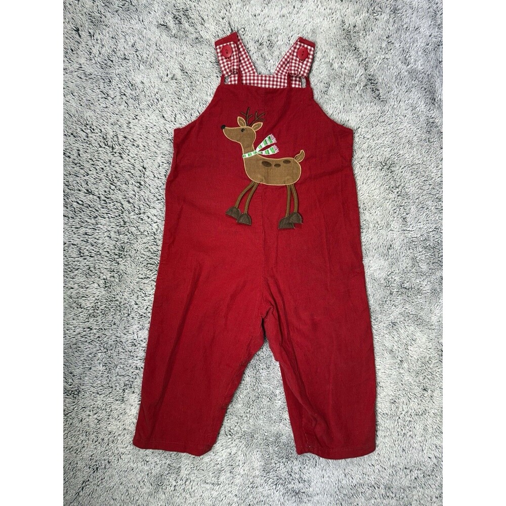 Mulberry ST Toddler 24m Corduroy Red Reindeer Appliqué Vintage Overalls USA Made